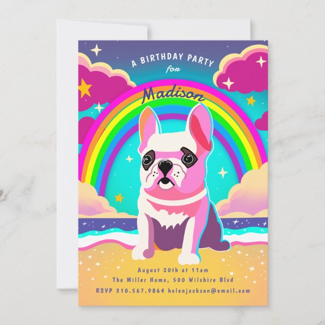 Convite Neon Rainbow Frenchie Retro Birthday (Frente)
