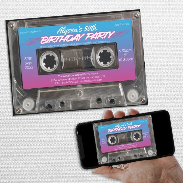 Convite Neon Retro 80s Cassete 50th Festa de aniversário (Neon Retro 80s Cassette 50th Birthday Party Invitation)