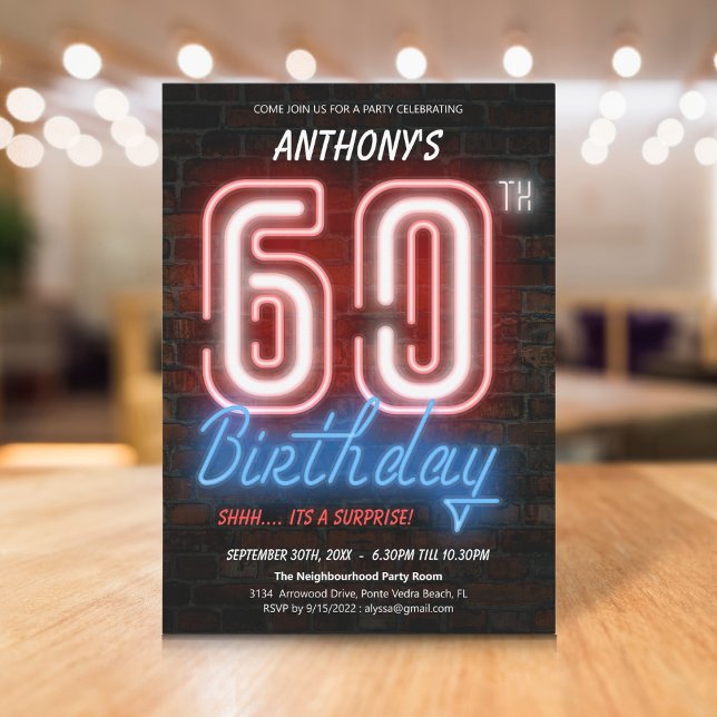 Convite Neon Retro Surprise 60th Birthday (Neon Retro Surprise 60th Birthday Invitation)