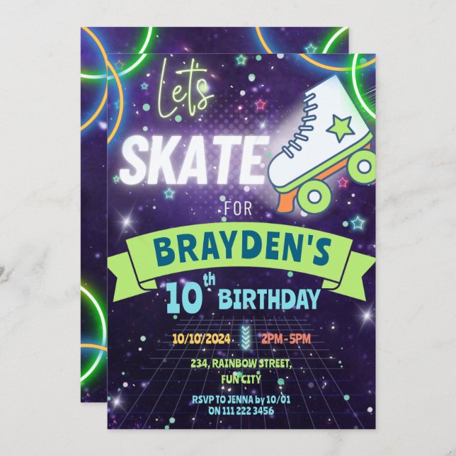 Convite Neon Roller Skling Brit Birthday Boy (Frente/Verso)