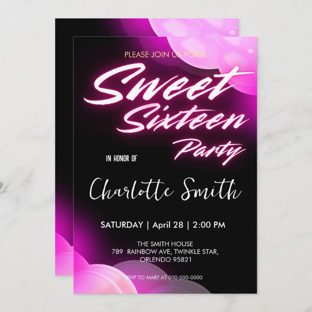 Convite Néon-rosa-rosa-preto doce 16.º aniversário (Frente/Verso)