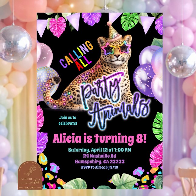 Convite Neon Safari Leopard tween birthday invitation (Criador carregado)