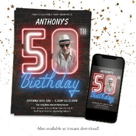 Convite Neon Sign Retro Custom Photo 50th Festa de anivers