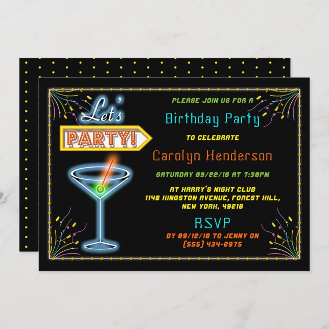 Convite Neon - Sinal de Festa de aniversário de coquetel " (Frente/Verso)