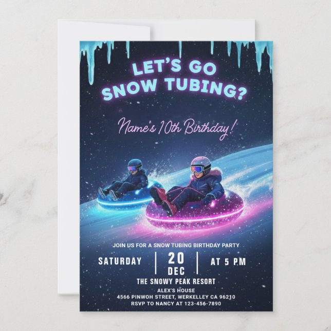 Convite Neon Snow Tubing Birthday Invitation Winter Party (Frente)