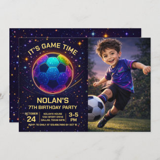 Convite Neon Soccer Birthday Photo Invitation