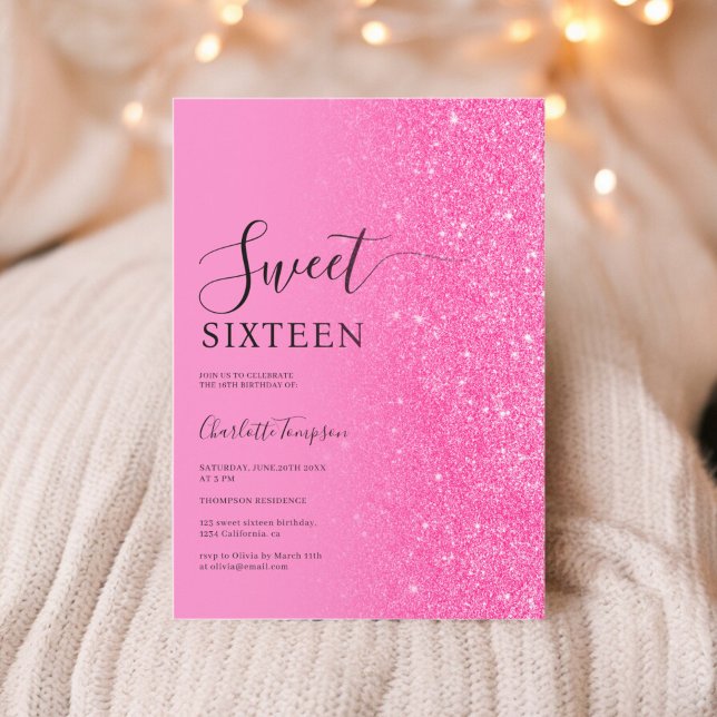 Convite Neon Sweet, Neon, Rosa Luxuoso Moderno 16 (Modern Luxurious Pink Glitter Neon Sweet 16 Invitation)