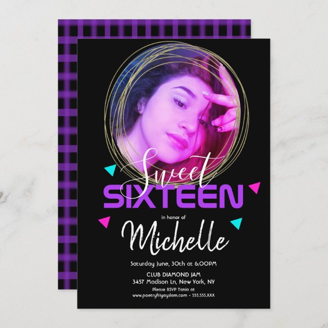 Convite Neon Sweet Sessenta Fotografia Dourada Ring Confet (Frente/Verso)