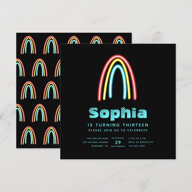 Convite Neon Teal Rainbow Festa de aniversário (Frente/Verso)