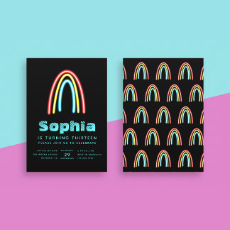 Convite Neon Teal Rainbow Festa de aniversário