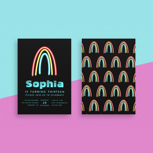Convite Neon Teal Rainbow Festa de aniversário (Criador carregado)