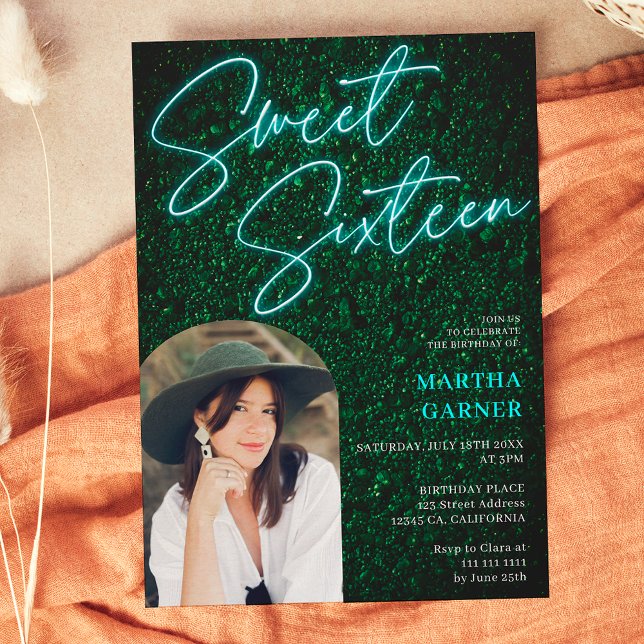 Convite Neon Teal sign script green photoarch Sweet 16 (Criador carregado)