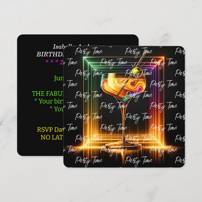 Convite Neon Trendy Party Time Personalizado (Frente/Verso)