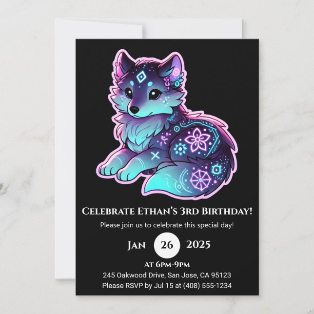 Convite Neon Tribal Wolf Birthday Invitation (Frente)