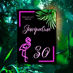 Convite Néon tropical rosa flamingo aniversário de 30 anos