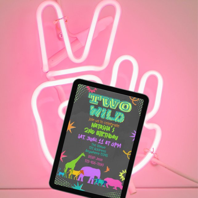 Convite Neon Two Wild Animals 2nd Birthday (Criador carregado)