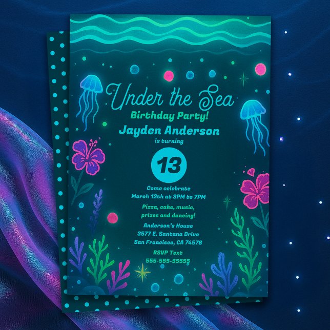 Convite Neon Under the Sea Jellyfish Birthday Party (Neon Under the Sea Jellyfish Birthday Party Invitation)