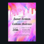 Convite Neon Unicorn - Colírio Holográfico Doce 16<br><div class="desc">Este convite de aniversário giro e glamouroso e doce dezesseis é perfeito para a menina feminina. Ele apresenta pingos grossos de brilho amarelo-arco-íris de cor veloz com impressão falsa sobre um fundo holográfico iridescente. A tipografia é uma elegante escrita cursiva com uma fonte serif moderna a corresponder. O esquema de...</div>