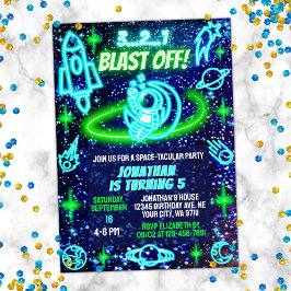 Convite Néon Verde Azul Brilhando Meninos Espaciais Exteri