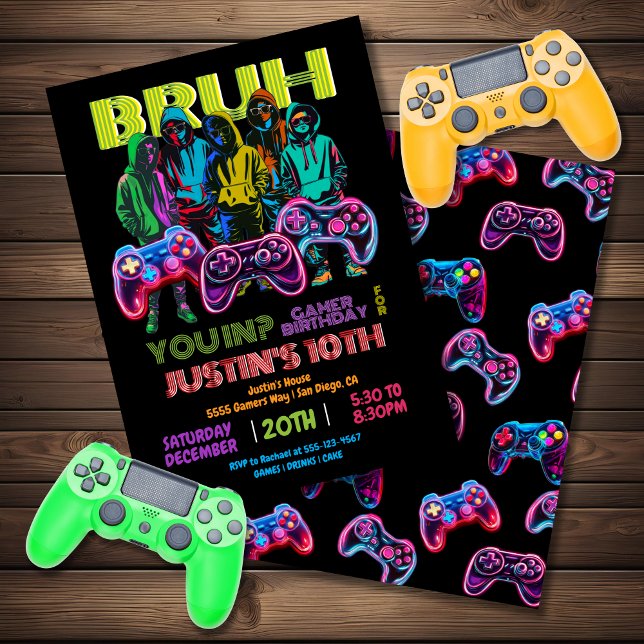 Convite Neon Video Gamer Festa de aniversário Bruh em você (Criador carregado)