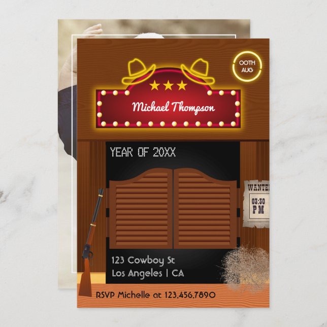 Convite Neon Wild West Cowboy Festa de formatura temida (Frente/Verso)
