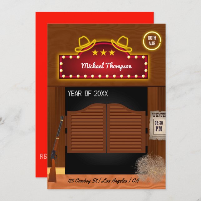 Convite Neon Wild West Cowboy Festa de formatura temida (Frente/Verso)