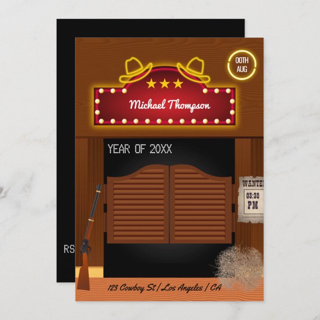 Convite Neon Wild West Cowboy temático Festa de formatura  (Frente/Verso)