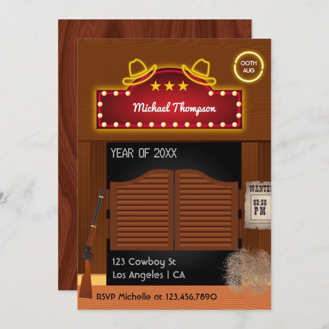 Convite Neon Wild West Cowboy temático Festa de formatura  (Frente/Verso)