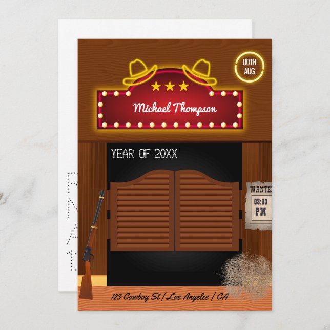 Convite Neon Wild West Cowboy temático Festa de formatura  (Frente/Verso)