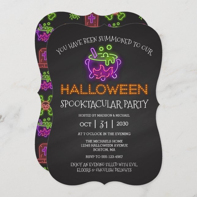 Convite Neon Witold Cauldron I, Partido Spooktacular do Ha (Frente/Verso)
