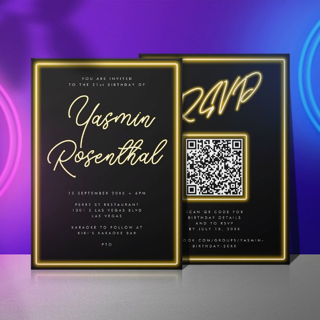 Convite Neon Yellow Lights Black Modern RSVP Aniversário (Black birthday invitation with neon yellow lettering and QR code on the back)