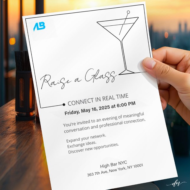 Convite Networking Invition Template (Networking event invitation showcased at rooftop bar with sunset city view and upscale ambiance)