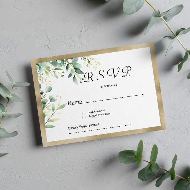 Convite Neurocalipto-verde-ouro RSVP (Watercolor rustic eucalyptus greenery gold RSVP)