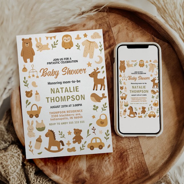 Convite Neutral Baby Boy Shower | Cute Safari Animal (Neutral Baby Boy Shower | Cute Safari Animal Invitation)