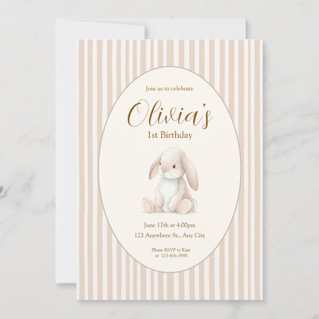 Convite Neutral Baby's First Birthday Bunny Invitation (Frente)