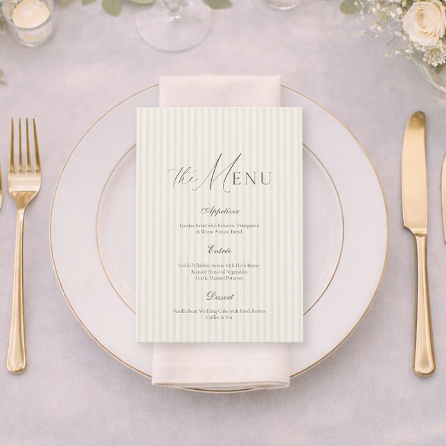 Convite Neutral Beige Stripe Wedding Menu (Criador carregado)