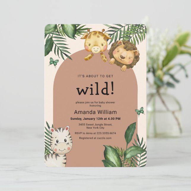 Convite Neutral Boho Arch Wild Sarafi Animals Baby Shower (Em pé/Frente)