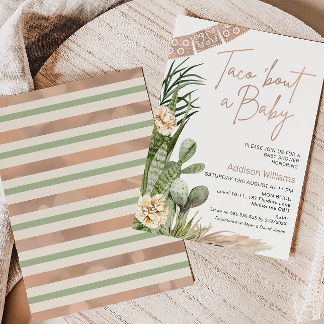 Convite Neutral Boho Fiesta Taco Sobre Um Chá de fraldas D (Gender neutral taco 'bout a baby baby shower invitation featuring some cacti and beige flower.)