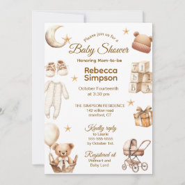 Convite Neutral Brown Teddy Bear Clothes,Gifts-Baby Shower