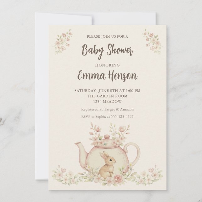 Convite Neutral Bunny & Floral Teapot Baby Shower  (Frente)