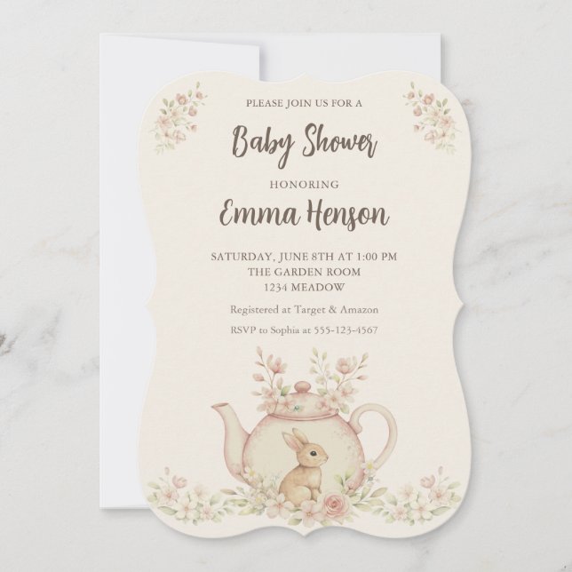 Convite Neutral Bunny & Floral Teapot Baby Shower  (Frente)