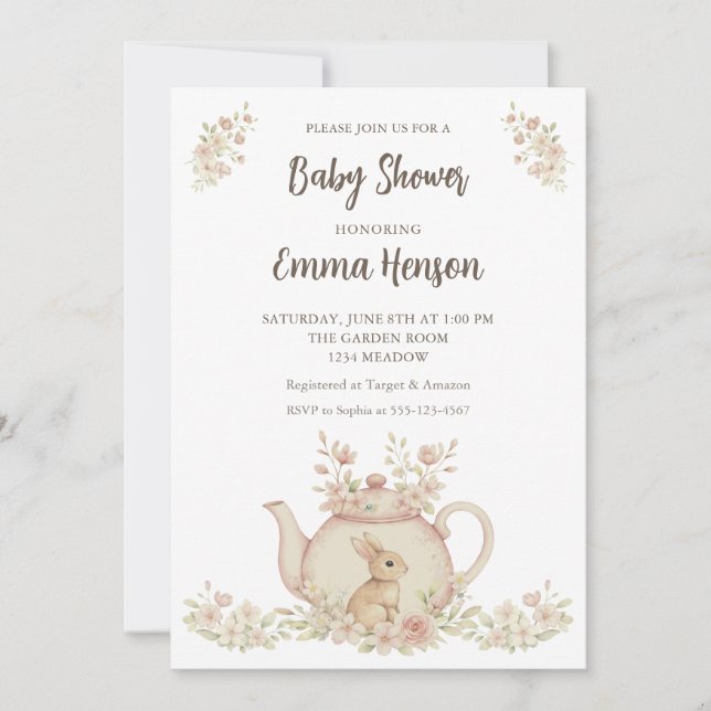 Convite Neutral Bunny & Floral Teapot Baby Shower  (Frente)