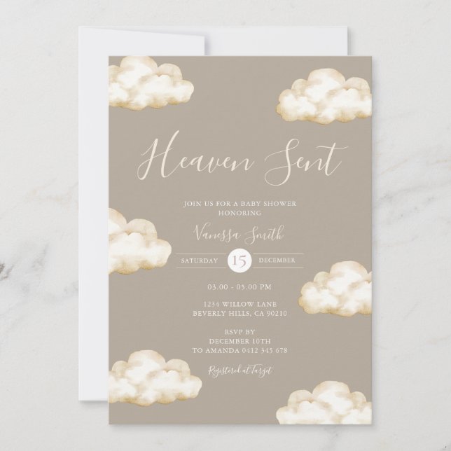 Convite Neutral Cream Cloud Heaven Sent Baby Shower Party (Frente)