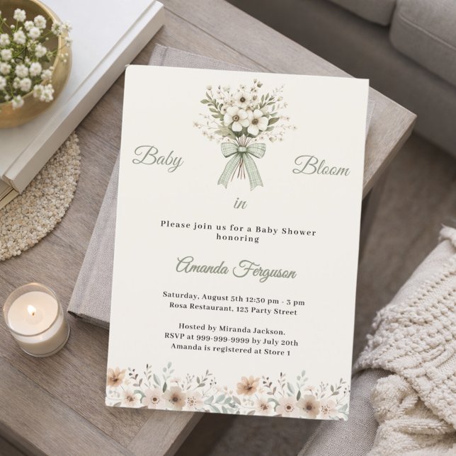 Convite Neutral florals green ivory bloom Baby Shower (Criador carregado)