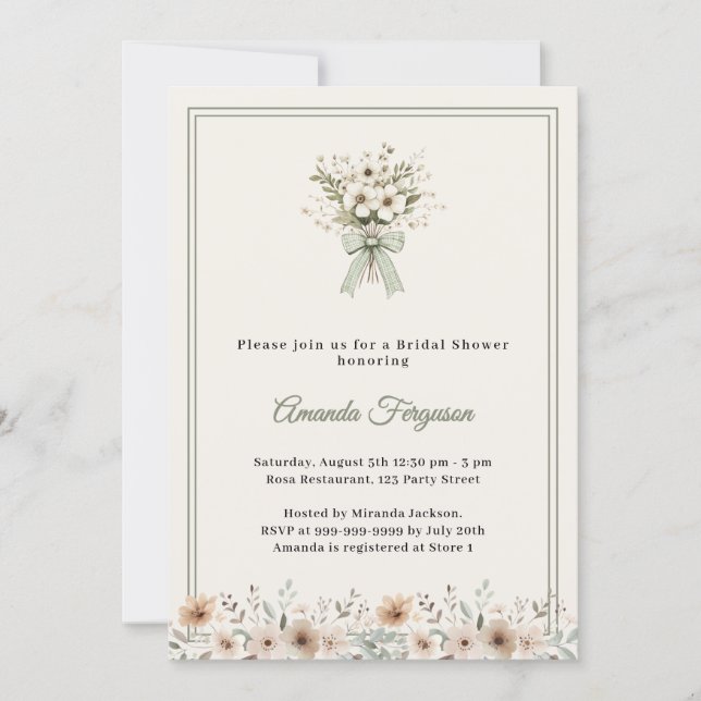 Convite Neutral florals green ivory Bridal Shower (Frente)