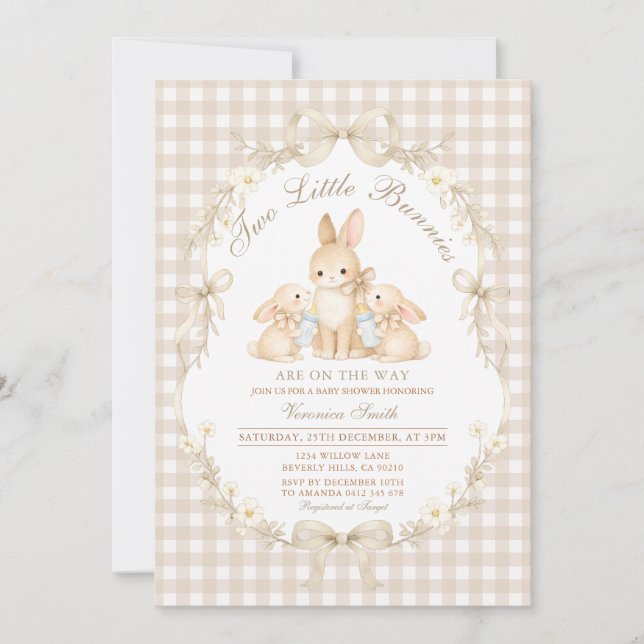 Convite Neutral Gingham Bunnies Twins Baby Shower (Frente)