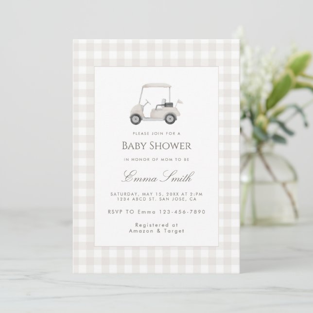 Convite Neutral Gingham Golf Cart Baby Shower (Em pé/Frente)