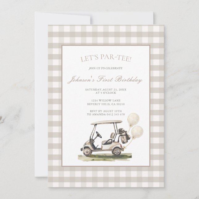 Convite Neutral Gingham Golf Cart Boy Birthday  (Frente)