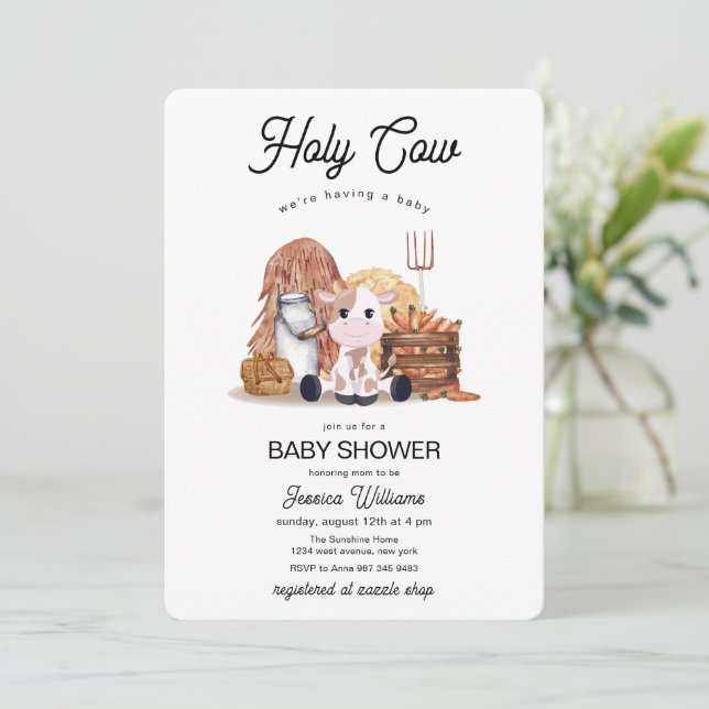 Convite Neutral Holy Cow Farm Animals Baby Shower  (Em pé/Frente)