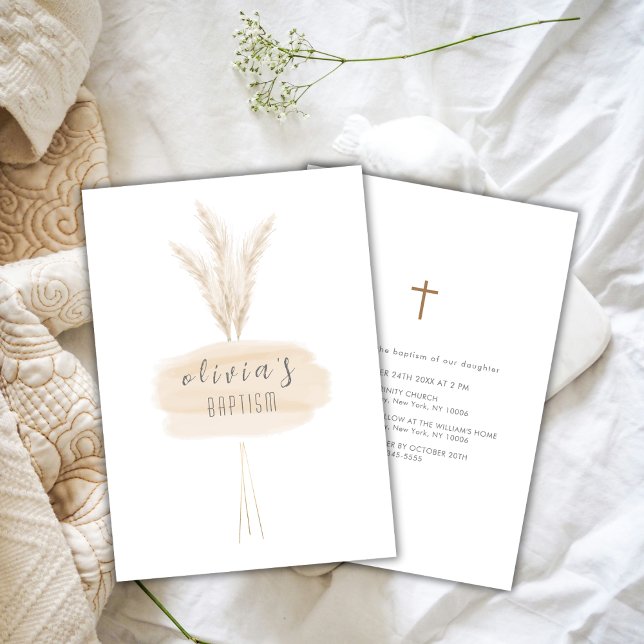 Convite Neutral Moderno Boho Pampas Christening Baptism (Neutral Modern Boho Pampas Christening Baptism Invitation)